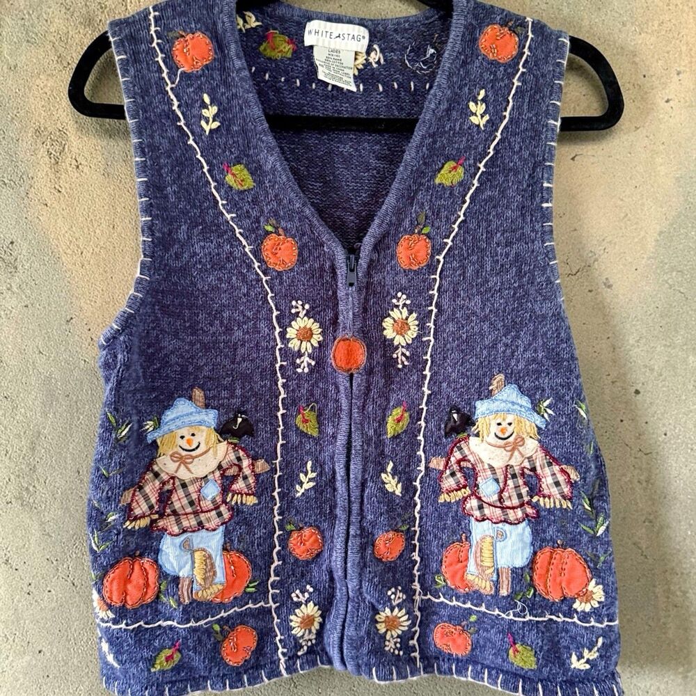 Vintage Fall Autumn Scarecrow Pumpkin Crow Felt Embroidered Zip Sweater Vest M